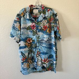 Redhead Button Up Hawaiian Camp Shirt L Blue Floral Reverse Print Short Sleeve